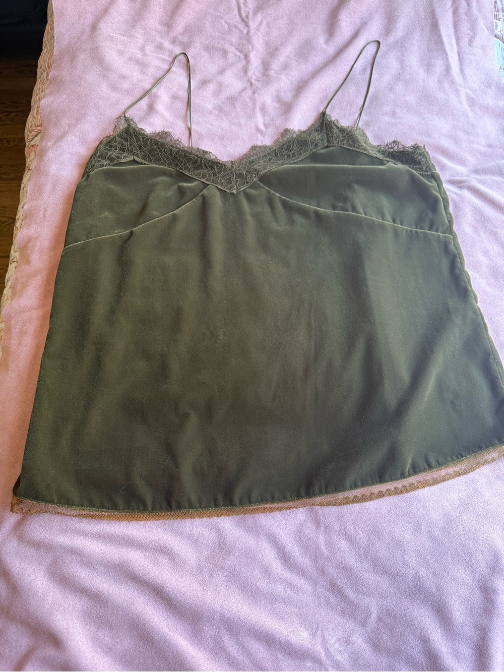 All Saints Olive Green Lace Trim Silk Camisole